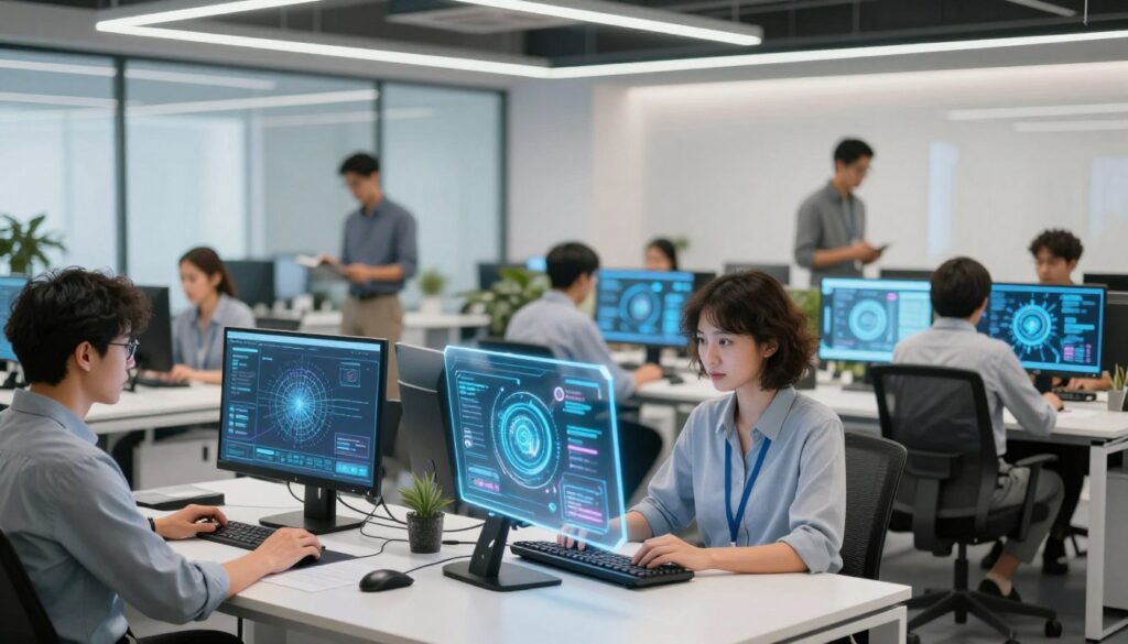 AI Jobs professionals collaborating in futuristic office environment with holographic displays
