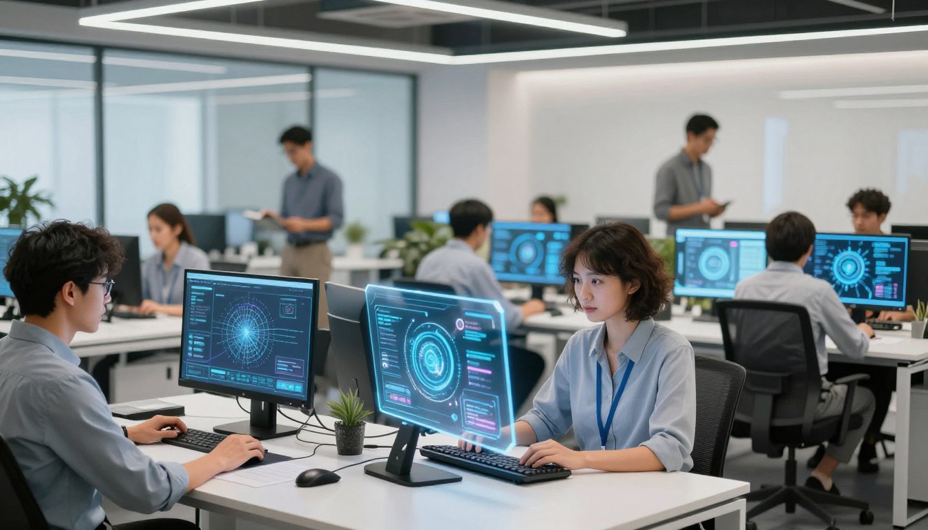 AI Jobs professionals collaborating in futuristic office environment with holographic displays