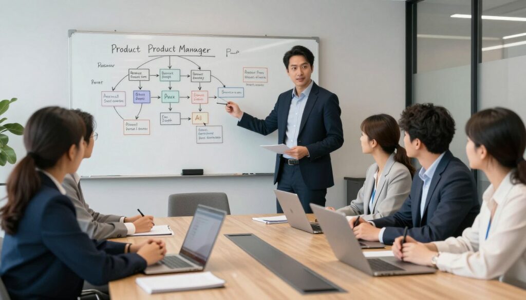 AI product manager leading strategy session with engineering and business teams