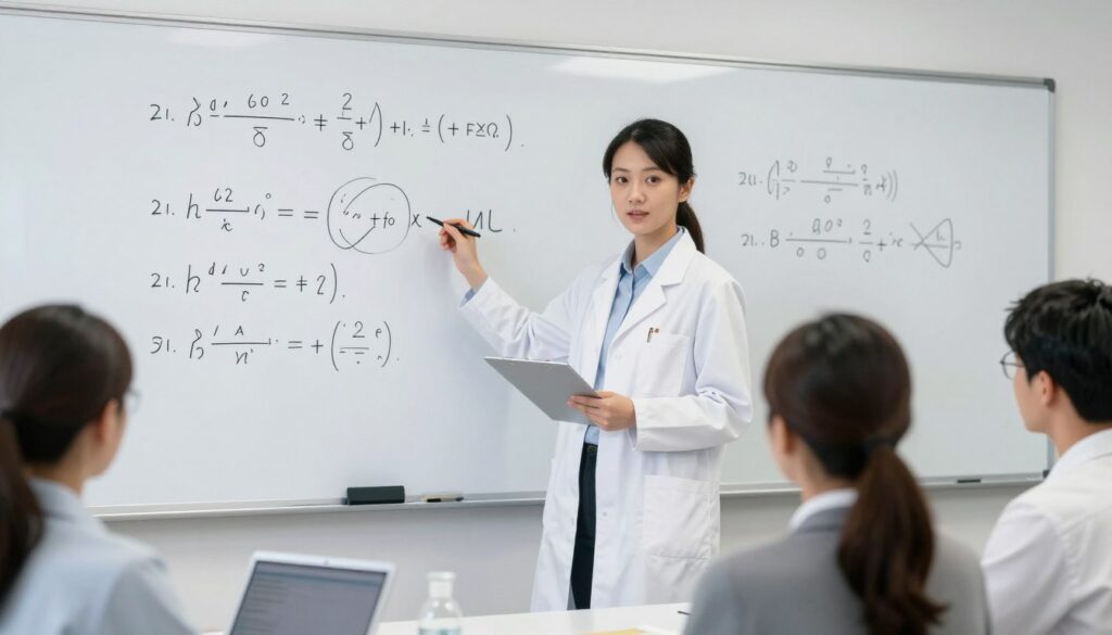 AI research scientist presenting novel algorithm findings to peer researchers