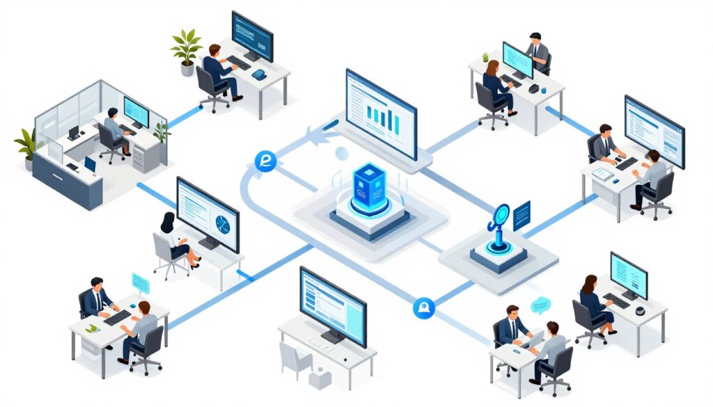 Automated business workflows connecting multiple departments and systems