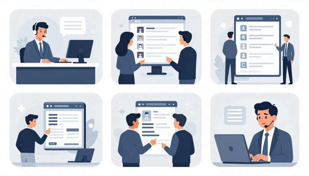 Business applications showing AI agents and chatbots in various industry settings