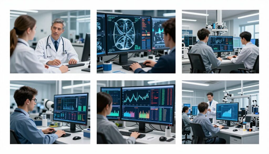 Collage showing AI applications across healthcare, finance, and manufacturing industries