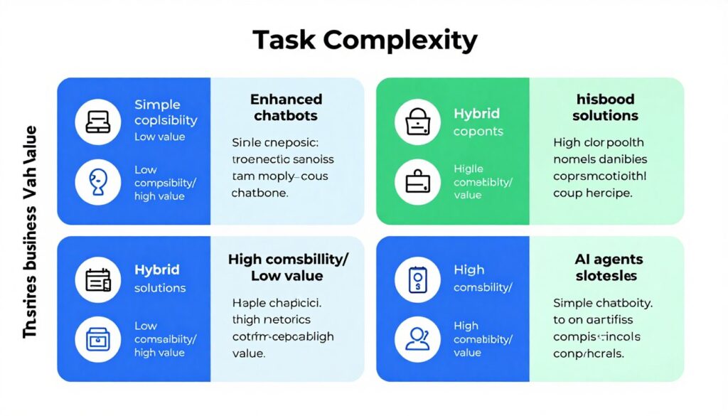Decision matrix for selecting between AI agents and chatbots based on business needs