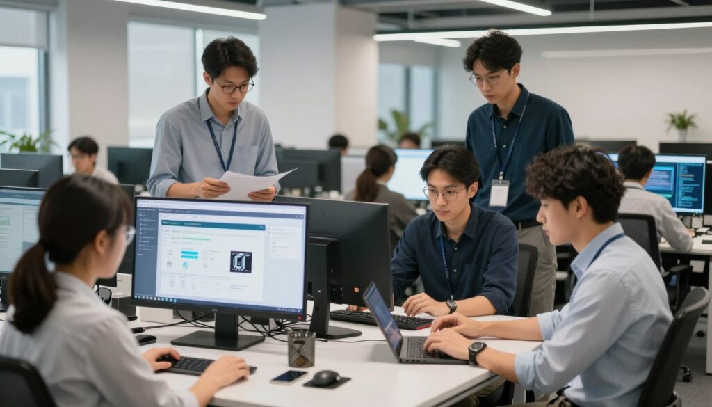 Diverse group of AI specialists working on various specialized projects in collaborative space