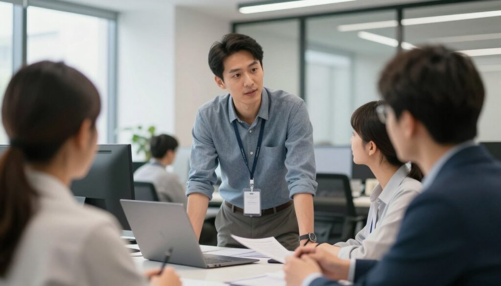 Engineering manager conducting one-on-one meeting with software engineer team member
