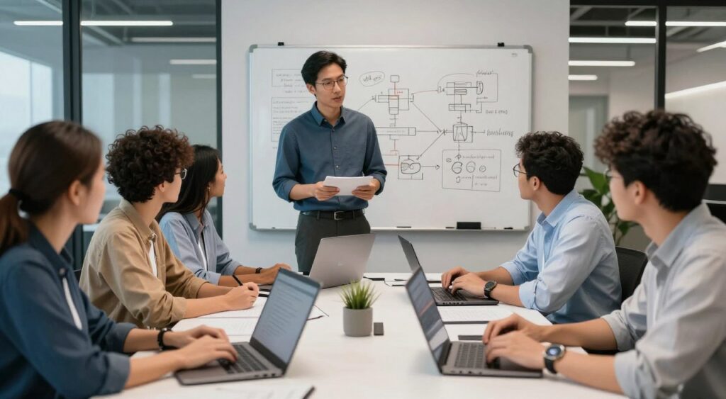 Engineering team collaborating on AI project with manager facilitating discussion