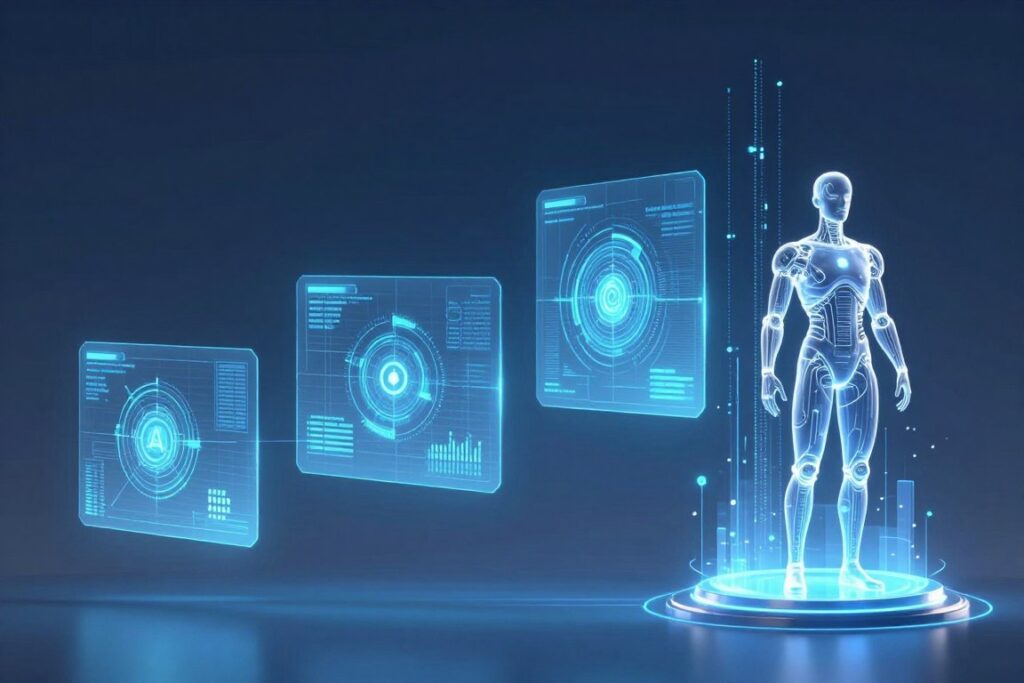 Futuristic visualization of AI technology evolution and job market trends