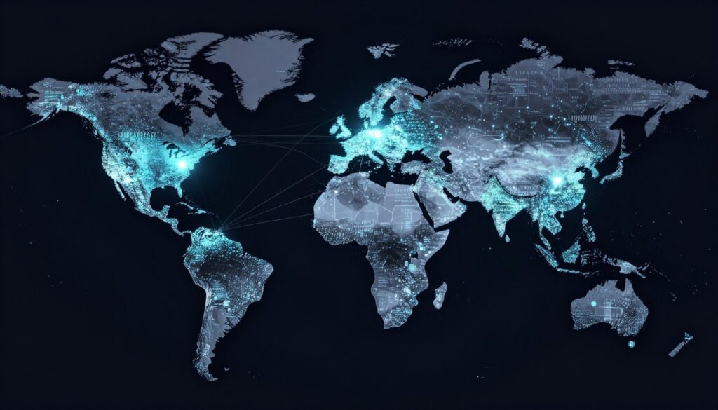 Global map highlighting AI Jobs opportunities across major technology hubs