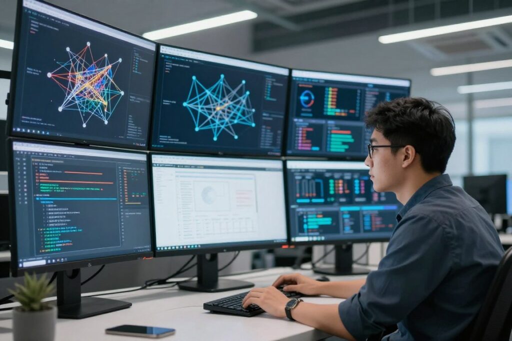 Machine learning engineer reviewing training data and model performance metrics