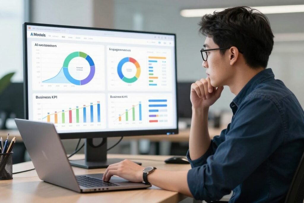Product manager reviewing AI model performance metrics and user feedback data