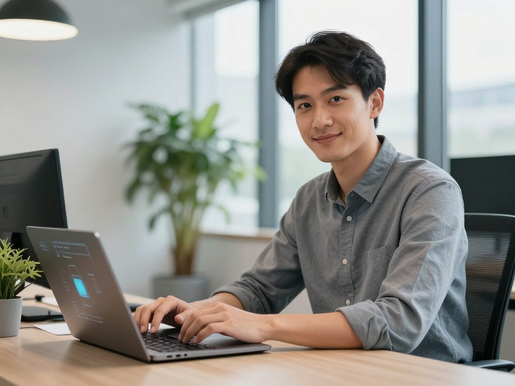 Small business owner using AI automation tools on laptop