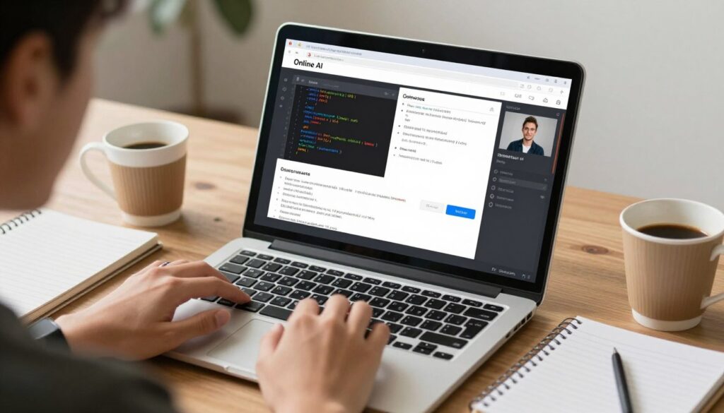 Student learning AI through online course on laptop with code and tutorials