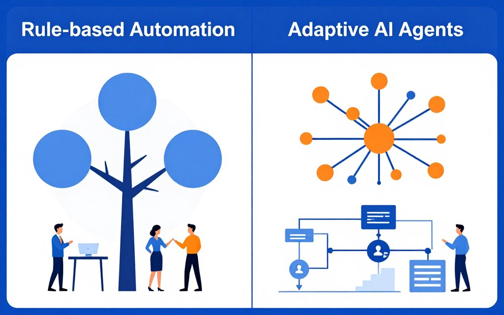 comparison diagram showing traditional automation versus AI agents