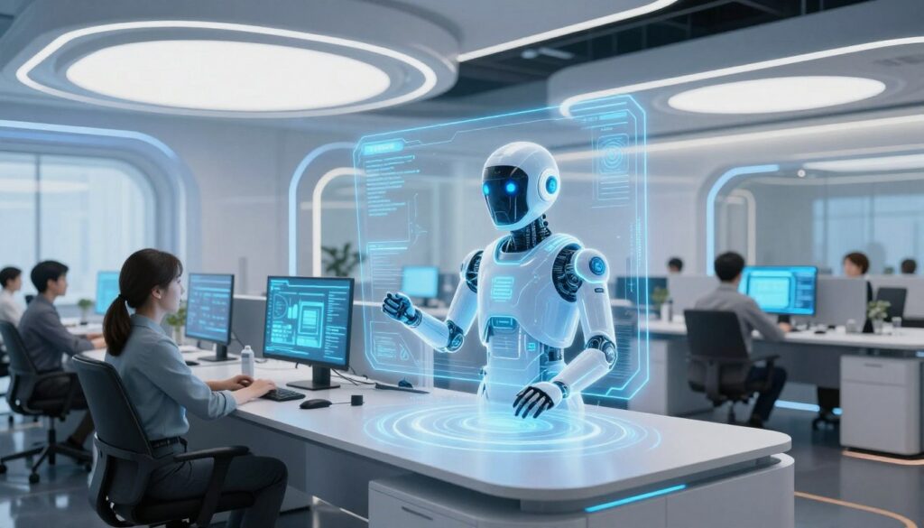 futuristic business office with advanced AI agent integration