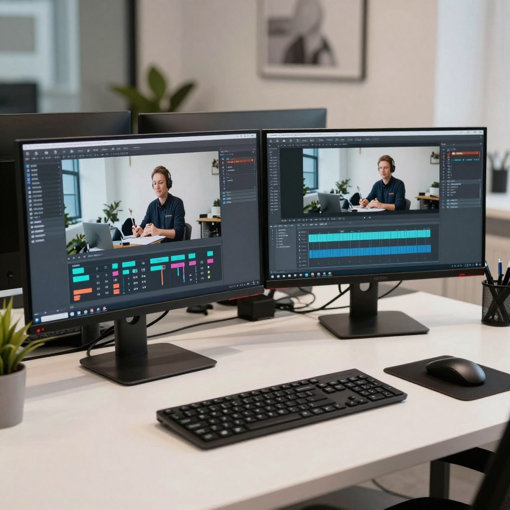 Graphic designer workspace with video tools