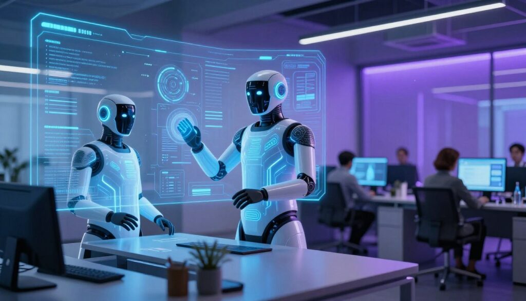 AI agents working autonomously in business environment with digital workflows