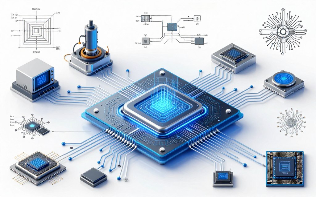 Advanced AI chip architecture diagram and semiconductor manufacturing