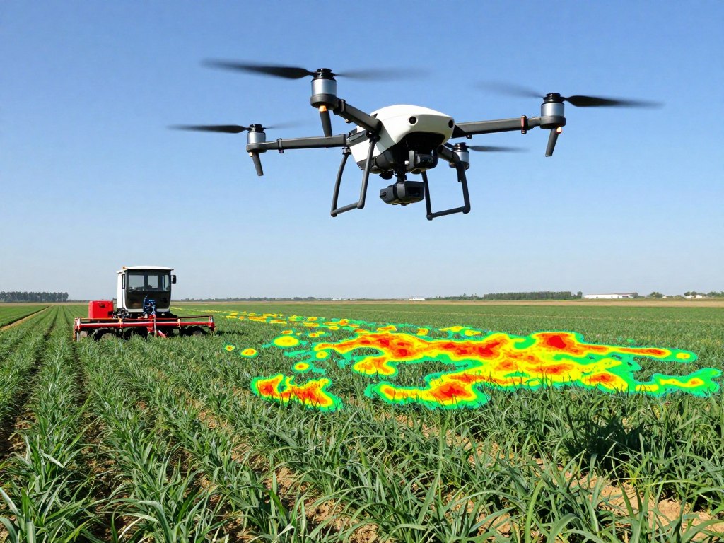 Agricultural drone scanning crops with AI analysis overlay
