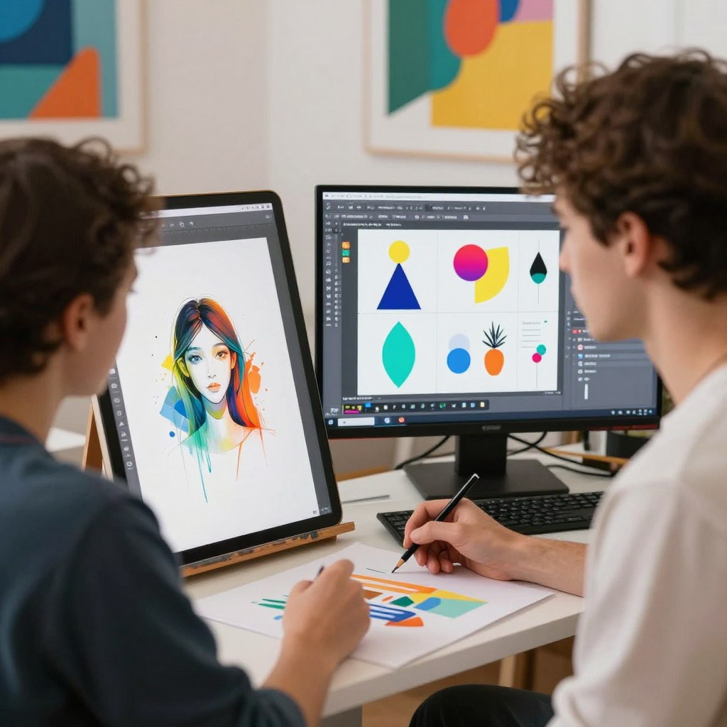 Artist collaborating with AI creative software
