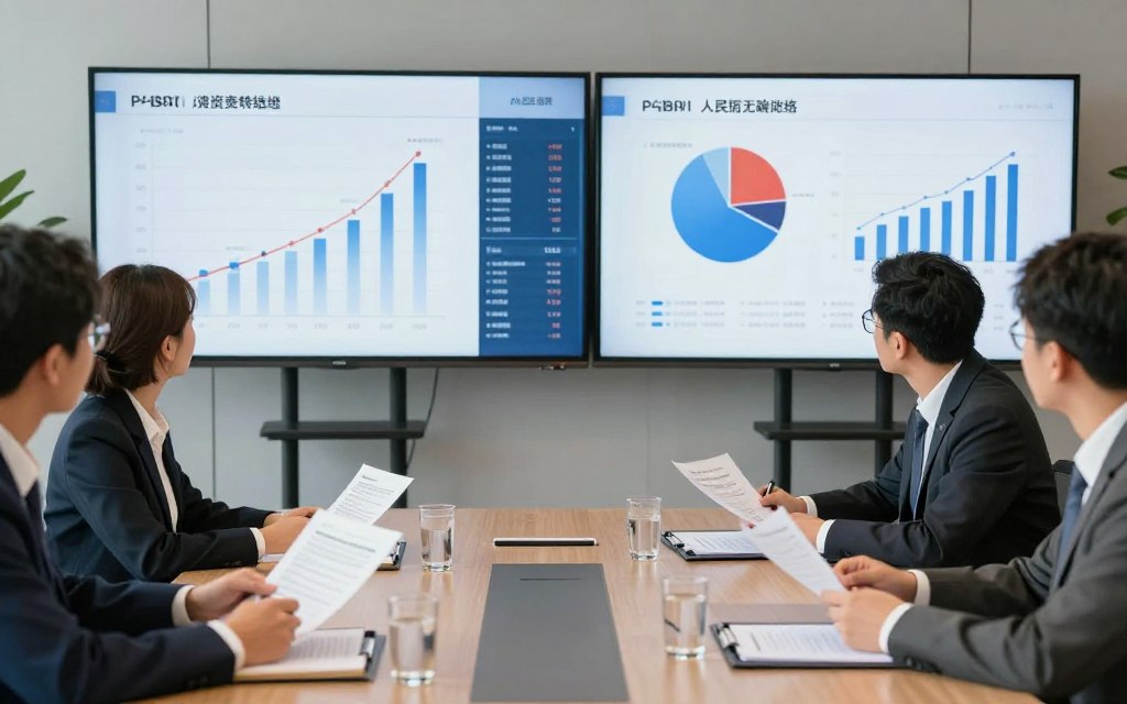 Business executives reviewing AI investment portfolio and strategy documents