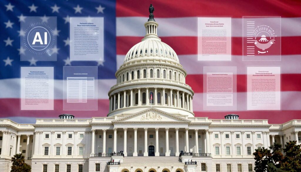 Government building with AI policy documents and digital governance imagery