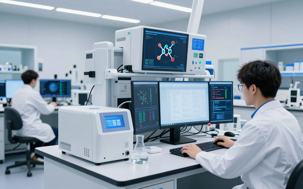 Scientific laboratory with AI-powered research equipment and data screens