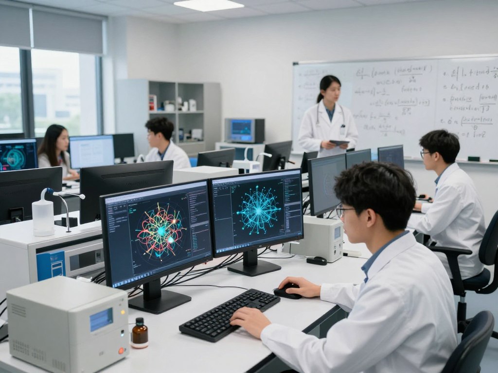 University research laboratory with scientists working on deep learning experiments