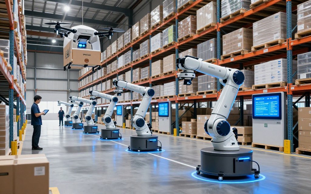 Warehouse automation with AI-controlled robots and inventory management systems