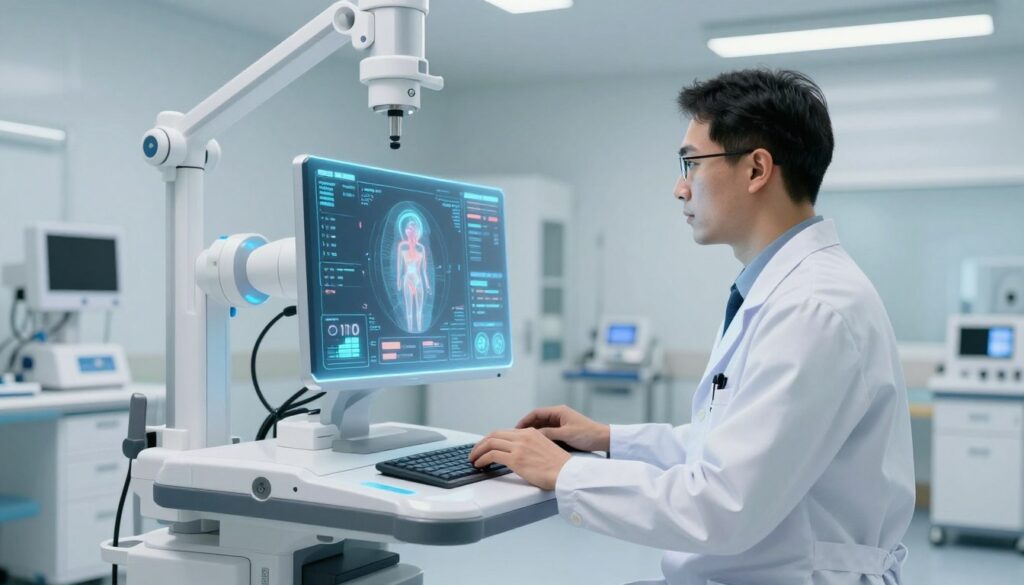 AI technology in healthcare showing medical diagnosis, patient monitoring, and data analysis systems