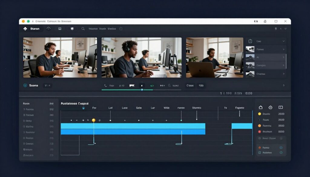 AI video editing software interface with timeline and effects