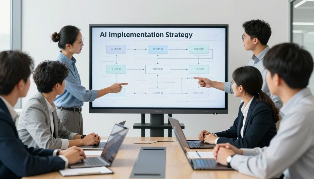 Business team planning AI implementation strategy with digital tools and flowcharts