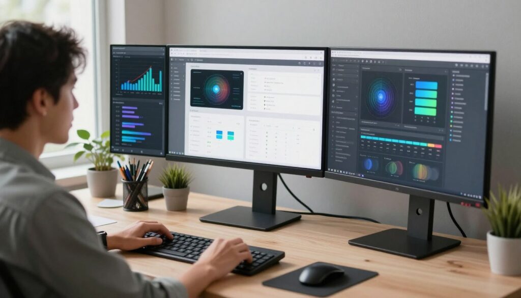Content creator using AI tools efficiently at workstation