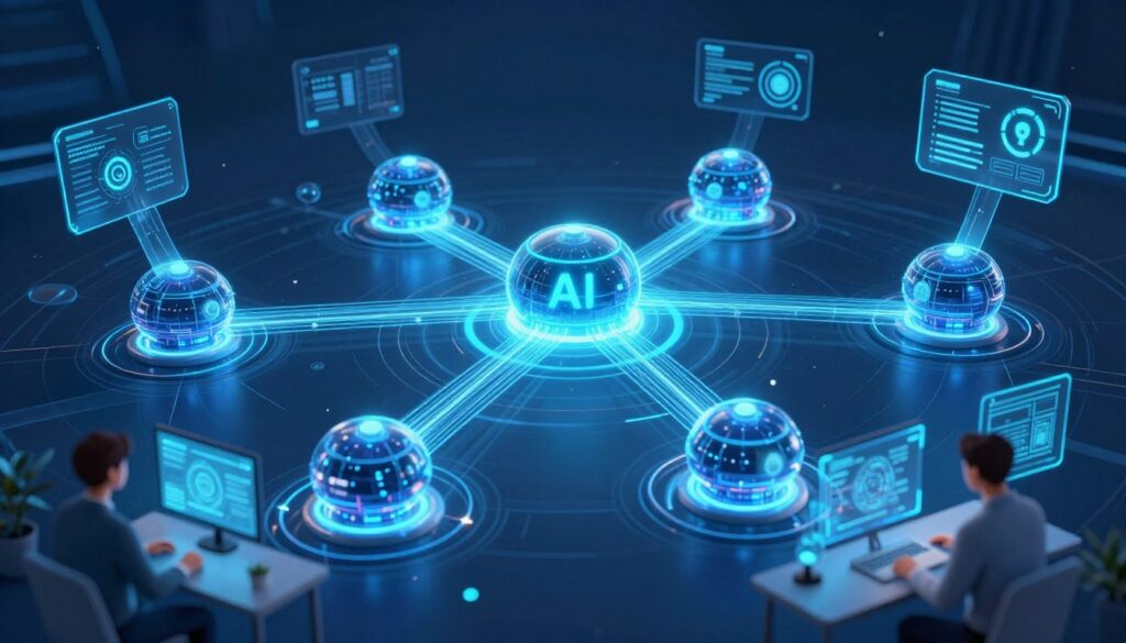 Future AI tools concept showing interconnected multi-agent systems and advanced collaboration features