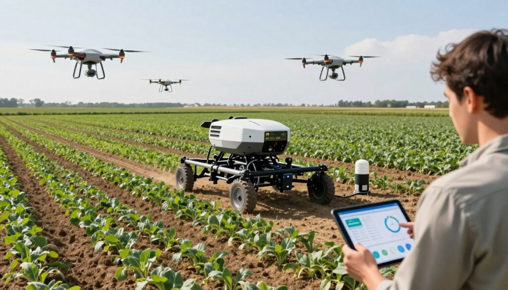 Precision agriculture with AI-powered drones, crop monitoring, and automated farming equipment