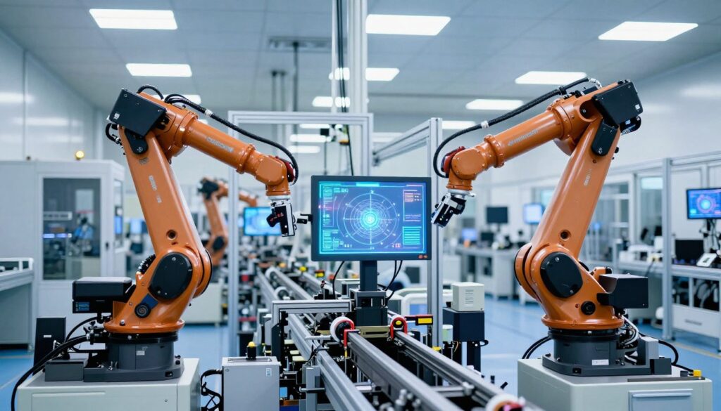 Smart manufacturing with AI-powered robots, predictive maintenance systems, and automated production lines