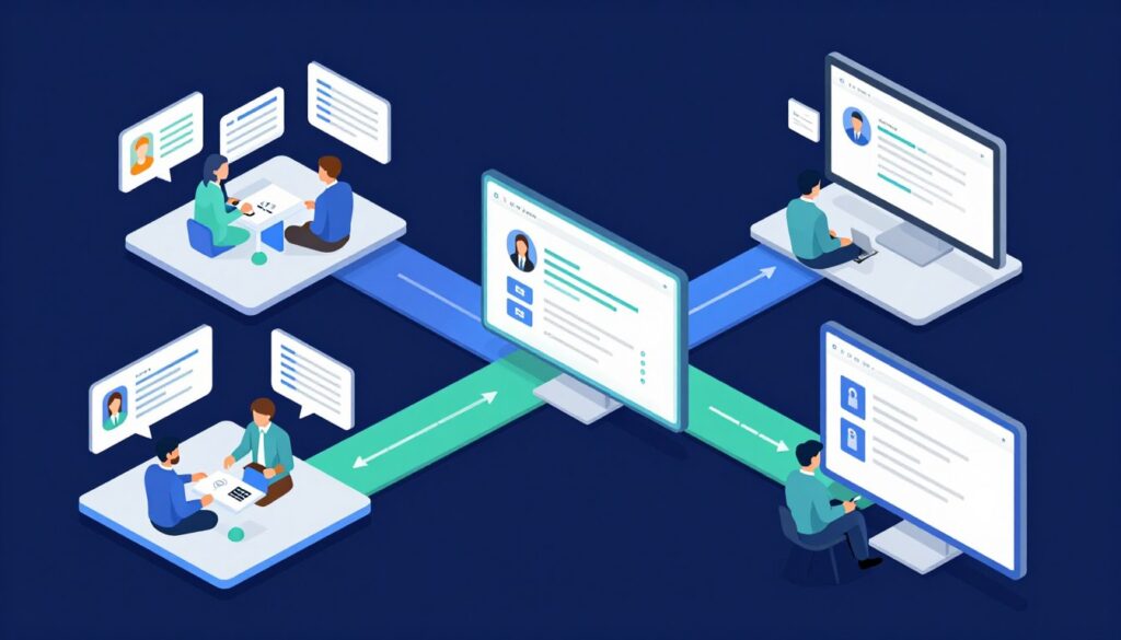Team collaboration visualization showing multiple project management AI tools working together in integrated workflow