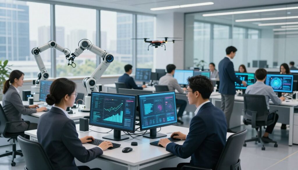 A futuristic office setting showcasing an automated data training facility. In the foreground, a sleek AI-powered computer terminal with holographic displays illustrating graphs and models. A diverse team of professionals in business attire collaborates, examining the data on the screens. In the middle ground, robotic arms and drones process training data, symbolizing automation in model development. The background features large windows with a modern cityscape, bathed in bright daylight, reflecting innovation. Soft, diffused lighting enhances a productive atmosphere, while the angle showcases the dynamic interaction between humans and technology. The overall mood conveys a sense of progress and efficiency in AI. A futuristic office setting showcasing an automated data training facility. In the foreground, a sleek AI-powered computer terminal with holographic displays illustrating graphs and models. A diverse team of professionals in business attire collaborates, examining the data on the screens. In the middle ground, robotic arms and drones process training data, symbolizing automation in model development. The background features large windows with a modern cityscape, bathed in bright daylight, reflecting innovation. Soft, diffused lighting enhances a productive atmosphere, while the angle showcases the dynamic interaction between humans and technology. The overall mood conveys a sense of progress and efficiency in AI.
