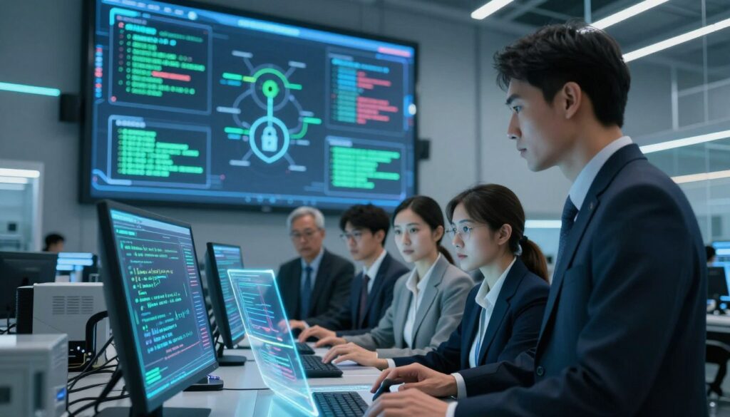 A high-tech research facility focusing on AI security, in the foreground, a diverse group of professionals in business attire analyzing complex algorithms on holographic displays. In the middle ground, a large digital screen shows visualizations of jailbreak attacks and security protocols, illuminated by soft, futuristic blue and green lighting. The background features sleek, modern equipment, with a high-tech atmosphere, showcasing advanced AI technology in action. The setting conveys a serious and focused mood, emphasizing the urgent nature of AI security concerns. The perspective is slightly angled upward, capturing the sophistication and intensity of the research environment, with a shallow depth of field highlighting the professionals at work while subtly blurring the background. A high-tech research facility focusing on AI security, in the foreground, a diverse group of professionals in business attire analyzing complex algorithms on holographic displays. In the middle ground, a large digital screen shows visualizations of jailbreak attacks and security protocols, illuminated by soft, futuristic blue and green lighting. The background features sleek, modern equipment, with a high-tech atmosphere, showcasing advanced AI technology in action. The setting conveys a serious and focused mood, emphasizing the urgent nature of AI security concerns. The perspective is slightly angled upward, capturing the sophistication and intensity of the research environment, with a shallow depth of field highlighting the professionals at work while subtly blurring the background.