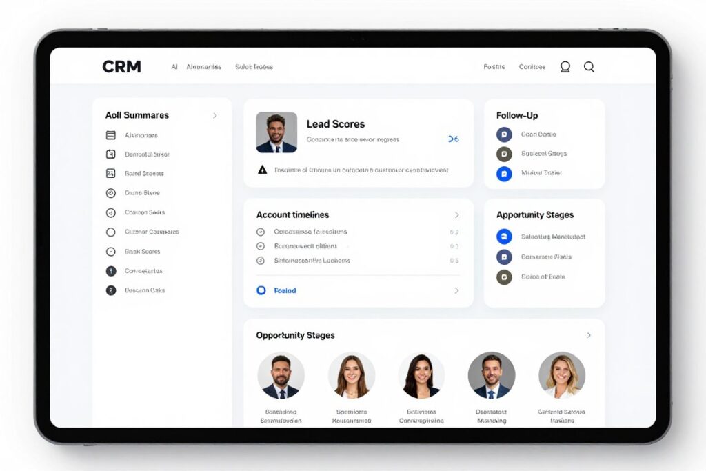 AI CRM platform summarizing customer conversations, lead scores, tasks, and sales opportunities