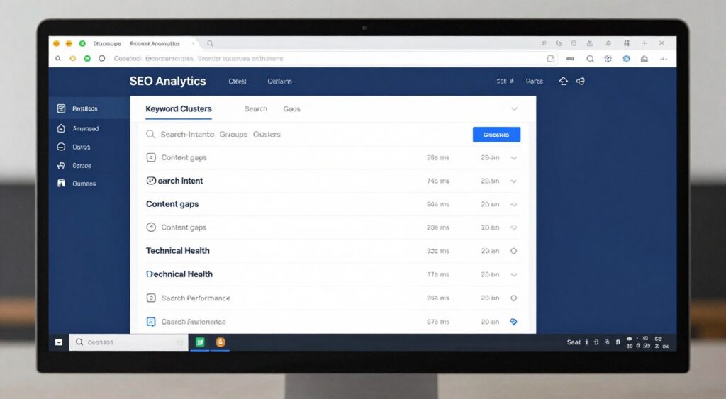 AI SEO tool analyzing keywords, search intent, content gaps, and search engine performance