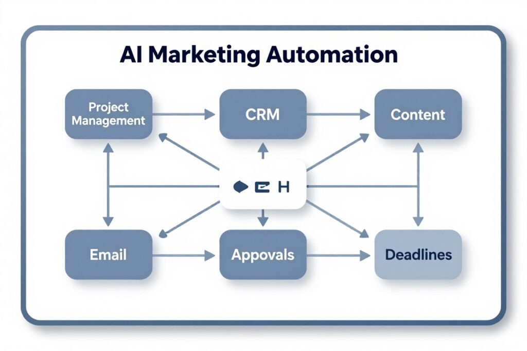 AI marketing automation workflow connecting project management, CRM, content, email, and analytics