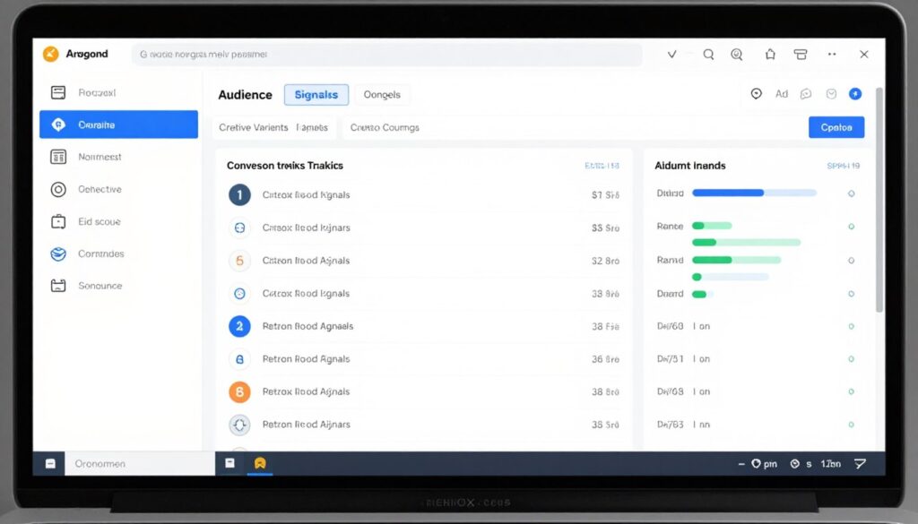 AI paid advertising dashboard showing creative testing, audience signals, bids, and return on ad spend
