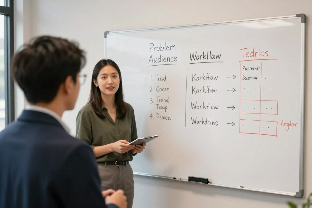 Founder validating an AI product idea with customer research notes