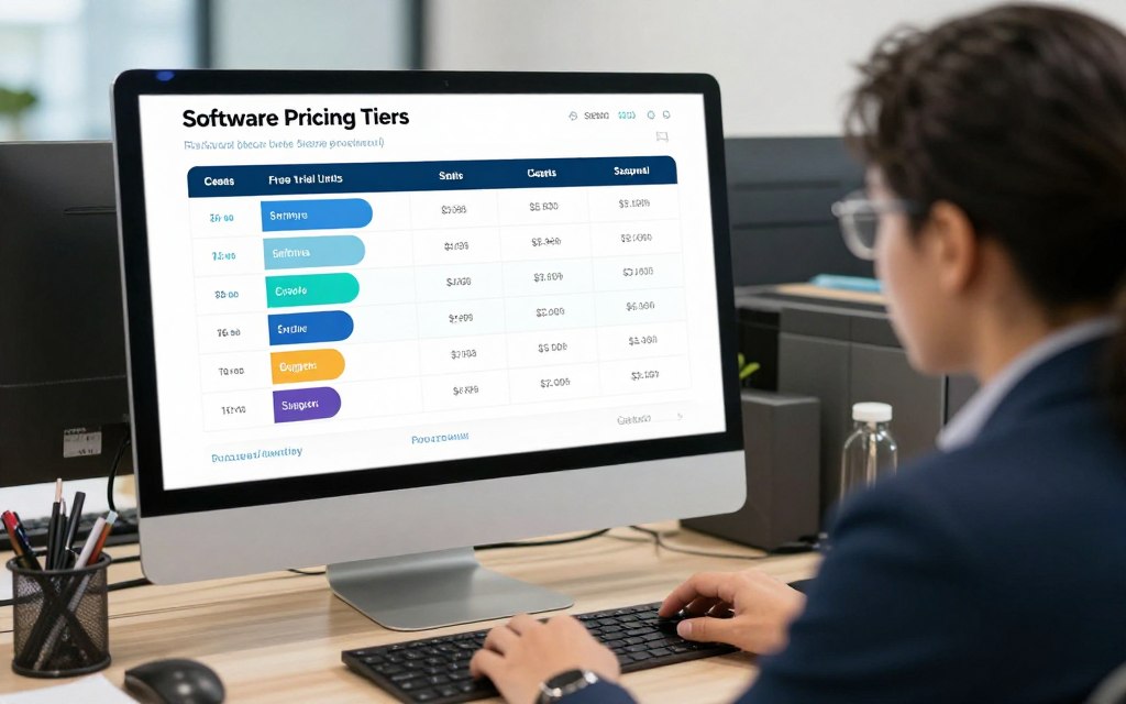Marketing buyer reviewing AI tool pricing plans, free trial limits, seats, credits, and usage costs