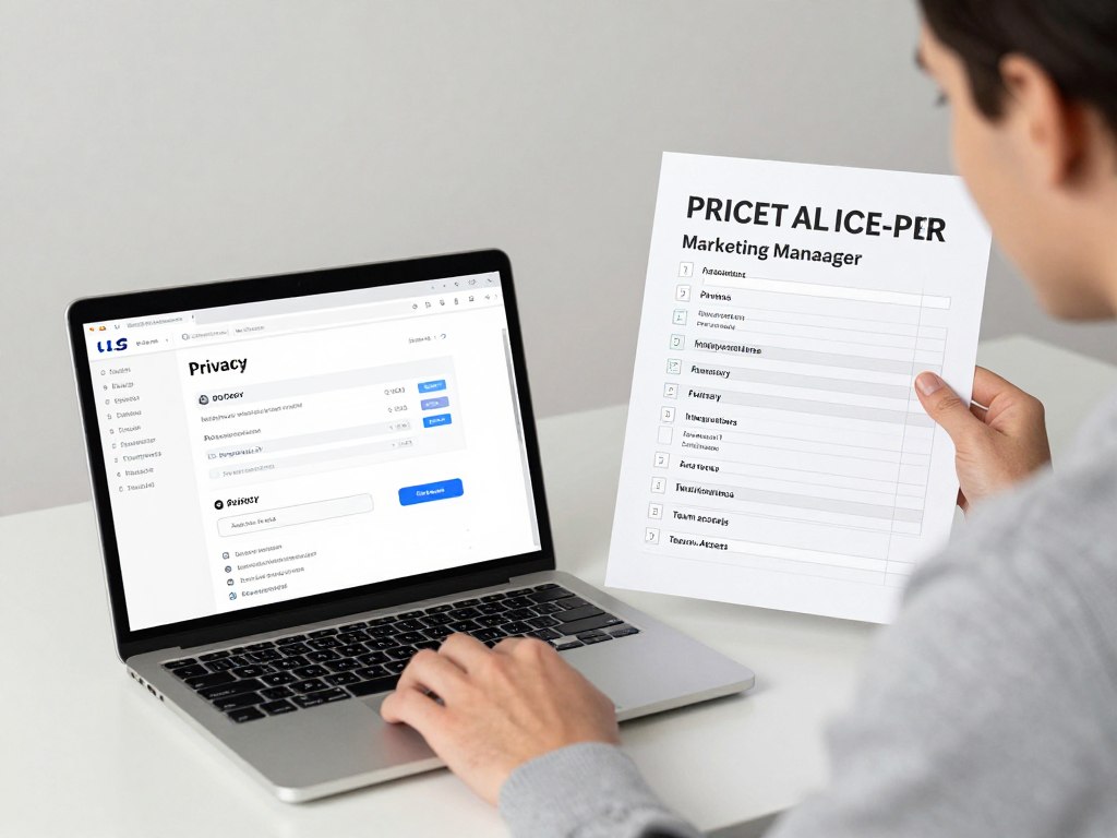 Marketing manager comparing AI tool pricing, features, integrations, and privacy requirements