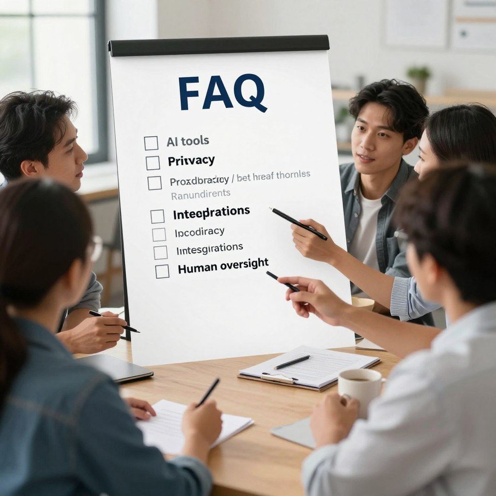Marketing team answering common questions about AI tools, privacy, pricing, accuracy, and human review