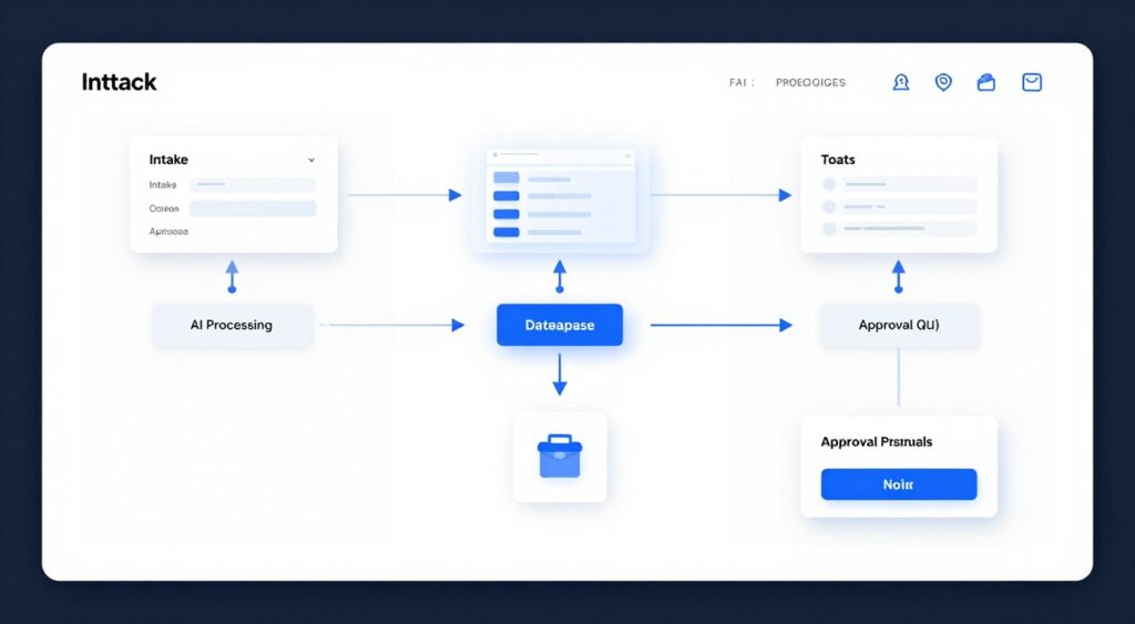Workflow automation map connecting forms databases and AI actions