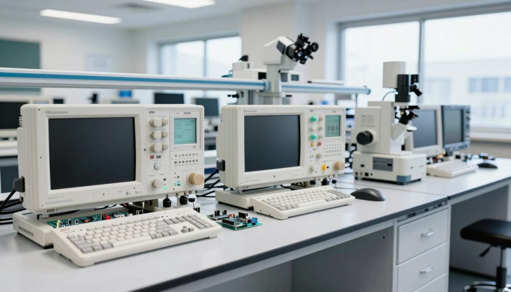 A contemporary electronics development laboratory with microchips and diagnostic hardware