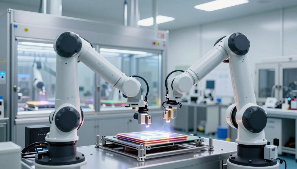 A high-tech cleanroom facility with robotic manufacturing arms producing silicon wafers